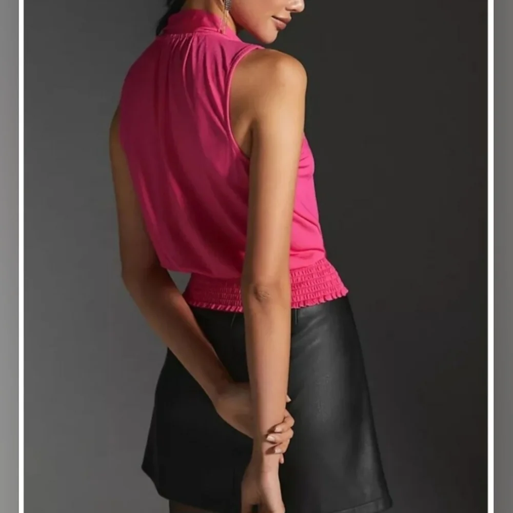 Anthropologie Ruffle Bow Tie Neck Rasberry Pink Sleeveless Blouse Size M - Picture 2 of 9